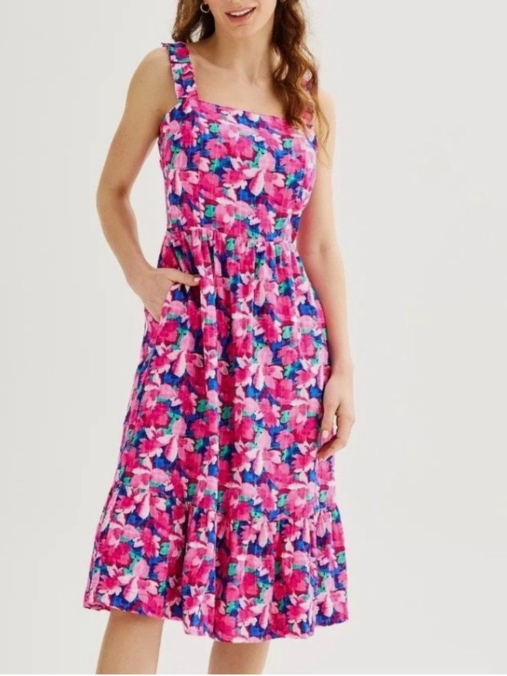 Draper James rsvp- Floral Square-Neck Midi Dress in Pink NWOT